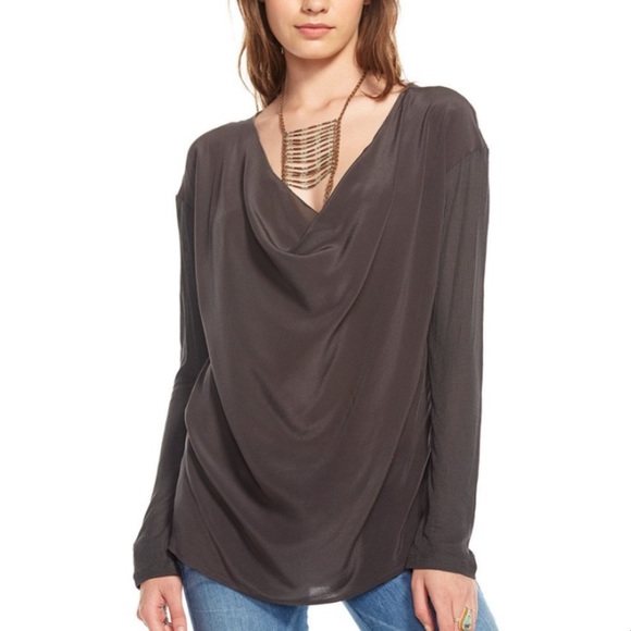 Chaser Tops - Chaser Drape Front & Back Long Sleeve Silk Top